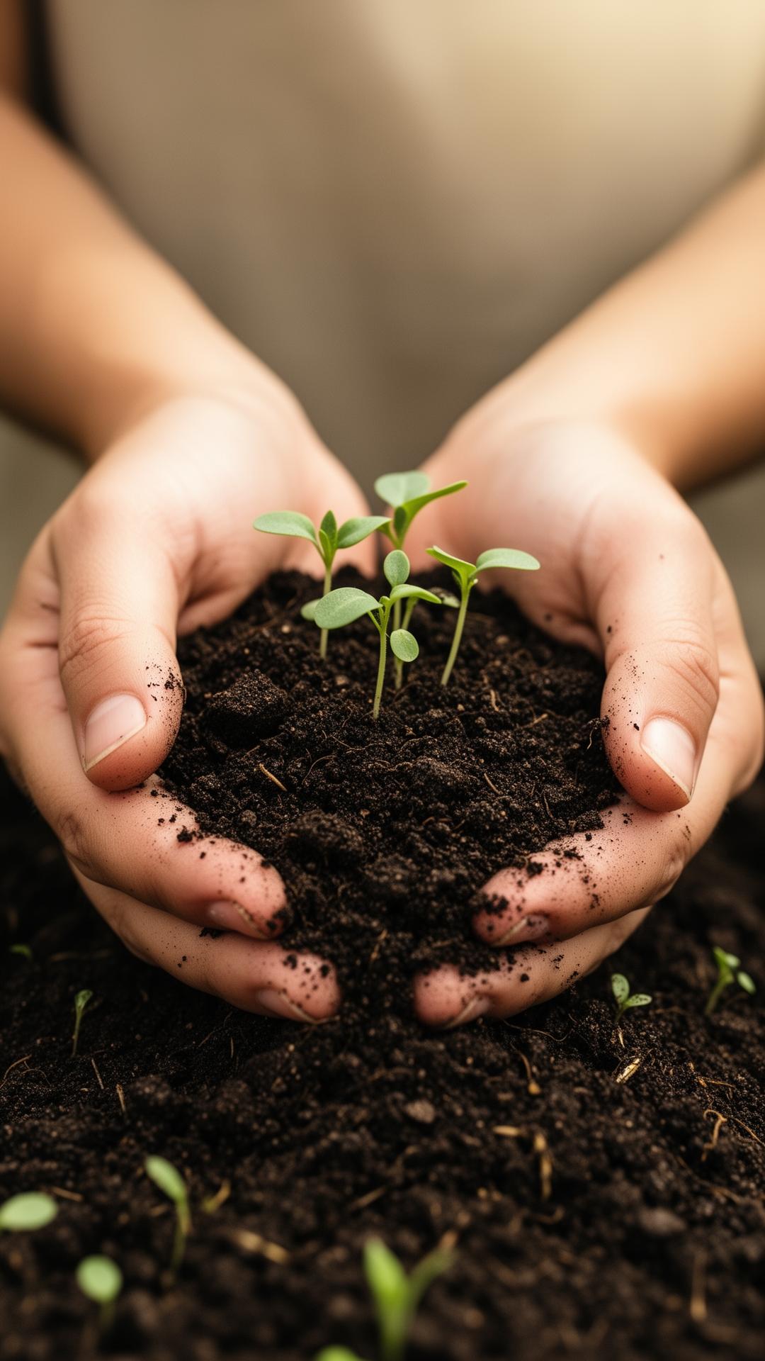 Hands holding rich dark soil with seedlings