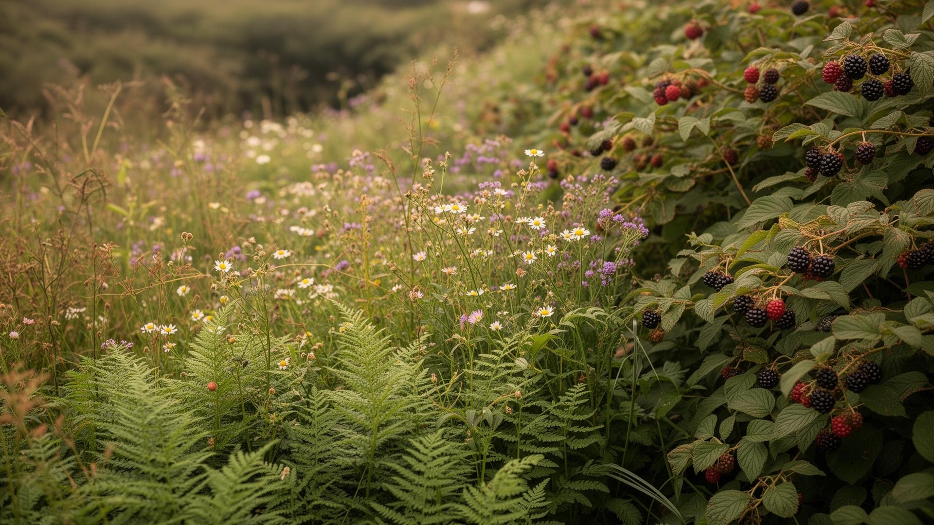 Wild Irish hedgerow with ferns and wildflowers