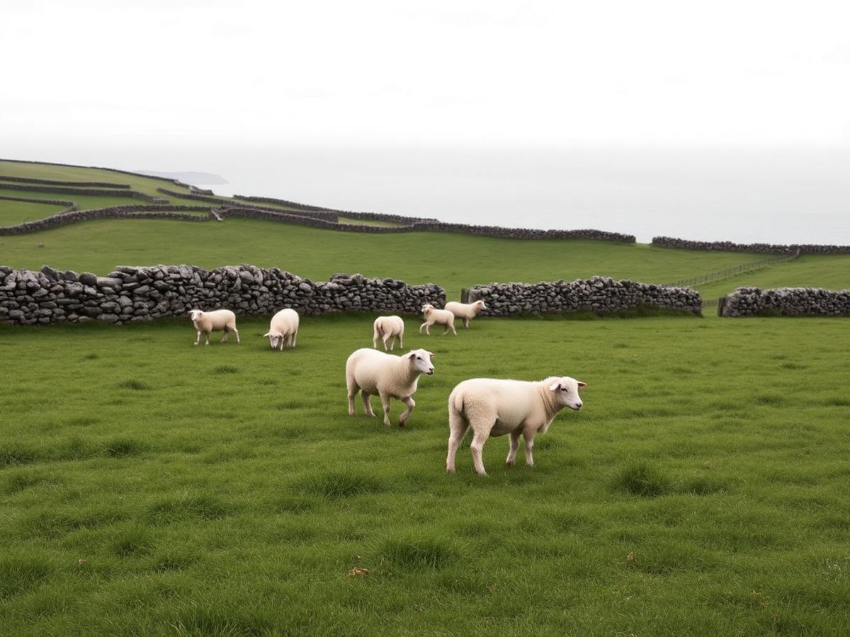 Sheep on the pasture, hedgerows coming back.
